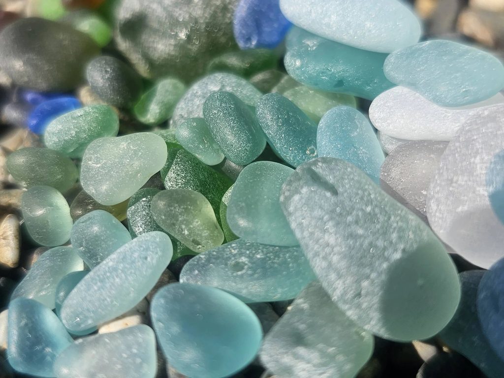 a day's bounty of green, aqua and white super frosted and smoothed seaglass on a small pebble beach