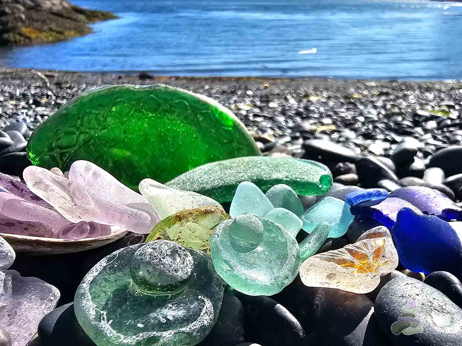 Sea glass arranged in the tidal zone of a North Vancouver Island beach